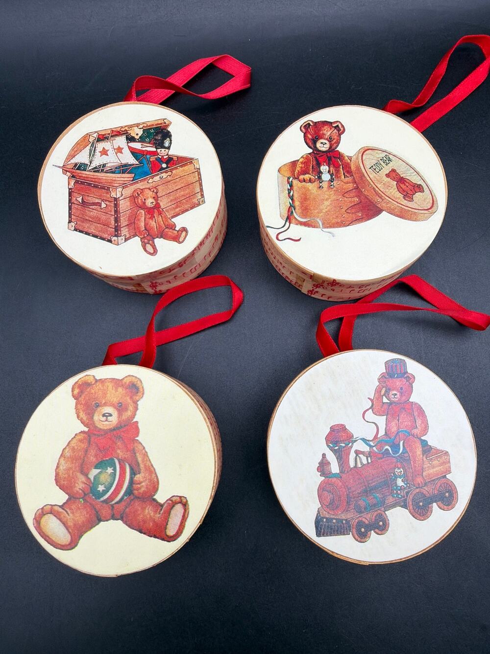 Vintage Teddy Bear Wooden Box Christmas Ornaments Set 4 Toyland Music 3”